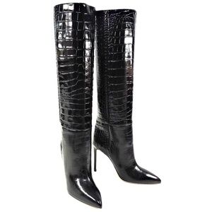 PARIS TEXAS 🇮🇹 WOMEN'S BLACK EMBOSSED CROCO STILETTO FASHION BOOTS